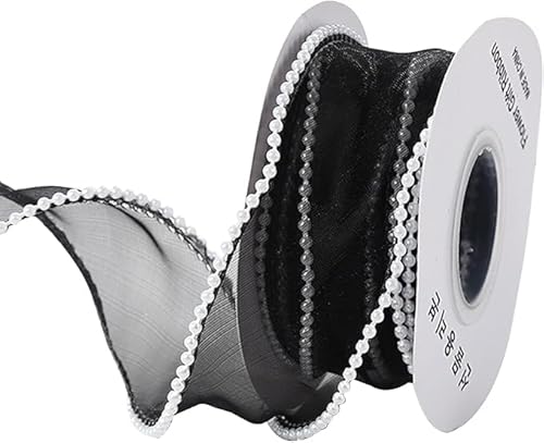 Organza-Chiffonband mit Perlenrand, durchscheinendes Chiffonband für Blumensträuße, Geschenkverpackungen, 4 cm x 4,5 m, Schwarz von Fxionicon