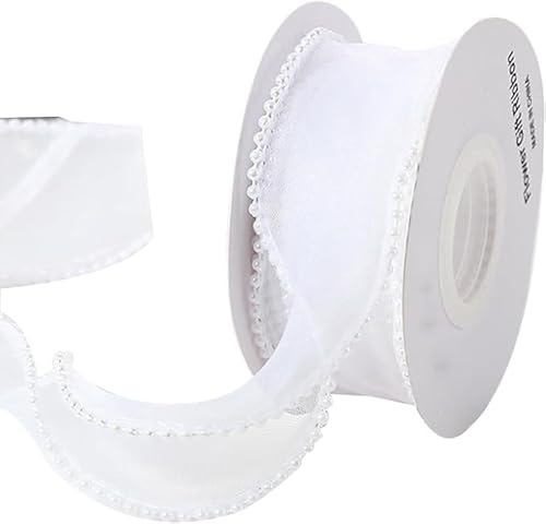 Organza-Chiffonband mit Perlenrand, durchsichtiges Chiffonband für Blumensträuße, Geschenkverpackungen, 4 cm x 4,5 m, Weiß von Fxionicon