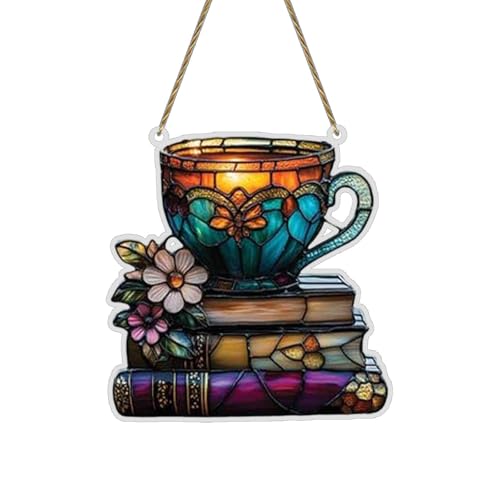 Blumenbücher und Teetassen, Acryl-Dekoration, Buchliebhaber, Lichtfänger, Fensterbehang, einzigartige Einweihungsparty, geeignet für Leser und literarische Dekoration ​​ Deko Hänger (D, One Size) von Fycakly