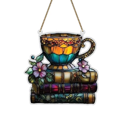Blumenbücher und Teetassen, Acryl-Dekoration, Buchliebhaber, Lichtfänger, Fensterbehang, einzigartige Einweihungsparty, geeignet für Leser und literarische Dekoration ​​ Deko Hänger (F, One Size) von Fycakly