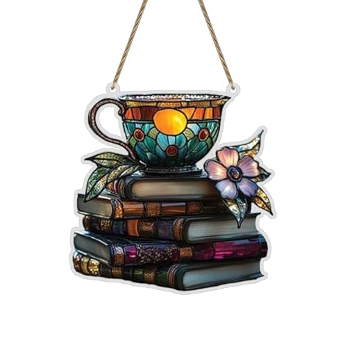 Blumenbücher und Teetassen, Acryl-Dekoration, Buchliebhaber, Lichtfänger, Fensterbehang, einzigartige Einweihungsparty, geeignet für Leser und literarische Dekoration Wanddekoration (C, One Size) von Fycakly