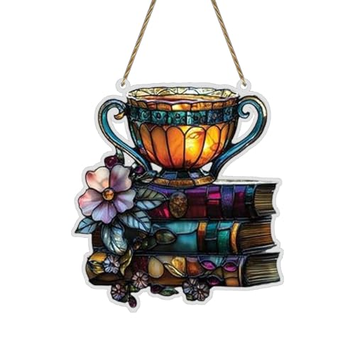Blumenbücher und Teetassen, Acryl-Dekoration, Buchliebhaber, Lichtfänger, Fensterbehang, einzigartige Einweihungsparty, geeignet für Leser und literarische Dekoration Wanddekoration (E, One Size) von Fycakly