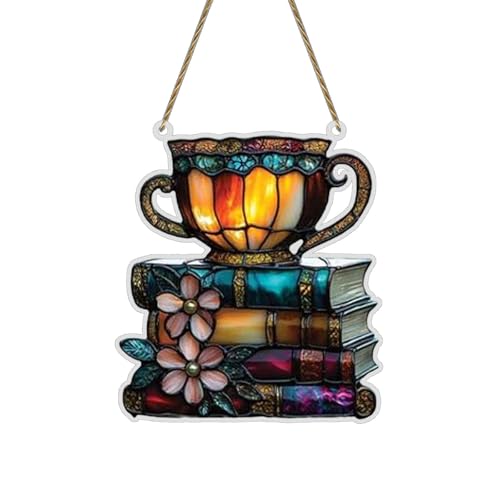 Blumenbücher und Teetassen, Acryl-Dekoration, Buchliebhaber, Lichtfänger, Fensterbehang, einzigartige Einweihungsparty, geeignet für Leser und literarische Dekoration Wanddekoration (G, One Size) von Fycakly