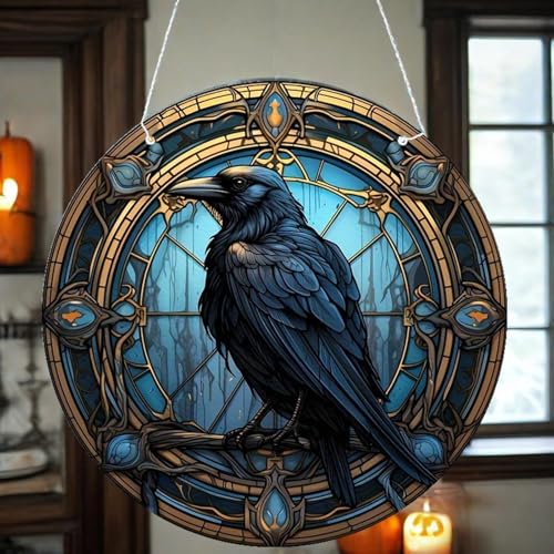 Fensterschmuck Hängend Acrylfarbene Vogelkrähe, Halloween, dunkler Stil, Fensterdekoration, Veranda mit Kettenanhänger, Außendekoration (Sky Blue, 20cm) von Fycakly