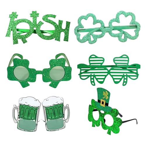 Fycakly Accessoires 6 Paar Tagesbrillen Kunststoff, irische Brillen, glitzernder grüner Hut, Brillen, Foto-Requisiten, Kostümzubehör für die St. Patrick's Day-Party, irisches Grün, S (Green, 16x8cm) von Fycakly