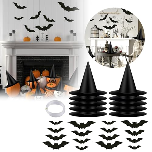Fycakly Halloween Party Dekorationen 12er-Pack Halloween-Hexenhüte mit 24 Fledermaus-Dekorationen, schwarzer hängender Hexenhut, Kostümzubehör für Halloween drinnen und draußen (Black, 38cm) von Fycakly