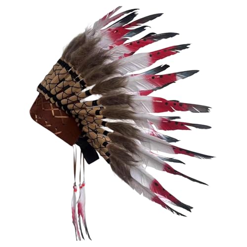 Fycakly Hochzeit Party Zubehör Indischer Hut, dekorativer Federkopfschmuck für Bühnenauftritte, Festivals, Halloween (Red, 44x23x3 cm) von Fycakly