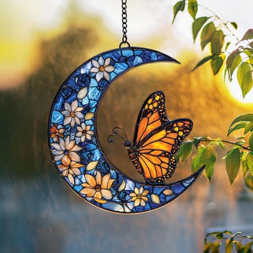Ornament Floral Mond Acryl Schmetterlinge Floral Ornament Für Fenster Hause Garten Dekoration ​​ Wandhänger Set​​ (B, 15x15cm) von Fycakly