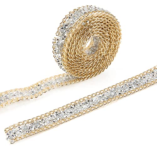 Fyearfly Kristall Strassband Rolle, 5yard 15mm Gold Rand Silber Diamant Wrap Roll Strass Band Dekoration für DIY Taschen Kleidung Schuhe Vorhänge von Fyearfly