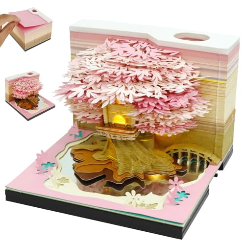 3D Notizblock mit Licht 8.5×8.5×6.5cm 2025 3D Notizblock 3D Baum mit Stifthalter Kreative 3D Notizblock Geschenk für Weihnachten Thanksgiving Jubiläum Valentinstag (Rosa) von Fyeme