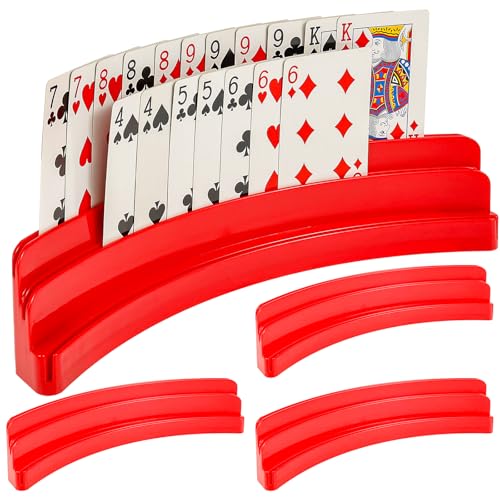 Fyeme 4 Stück Kartenhalter Kinder 3x6,3x29cm Spielkartenhalter 3 Stufiges Gebogen Design rutschfest Leichtgewicht Kartenhalter Spielkarten für Familientreffen Party Reisen (Rot) von Fyeme