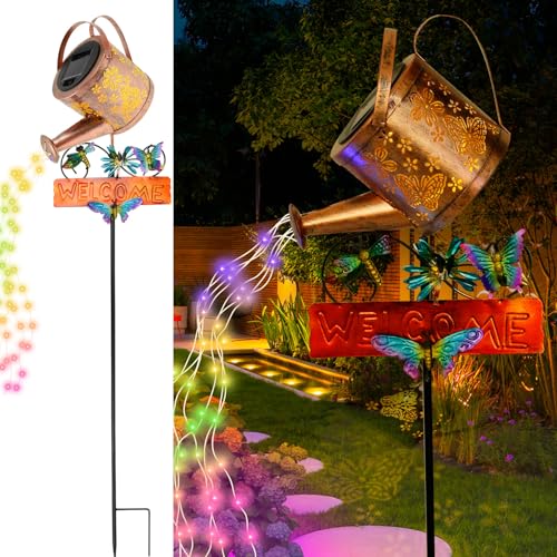 Fyeme Solar Giesskanne für Außen mit Lichterkette Aussen Solarlampen für Außen mit Willkommens Türschild Bunt LED Lampe Gartendeko für Draußen Wetterfest für Außengarten Rasenterrasse von Fyeme