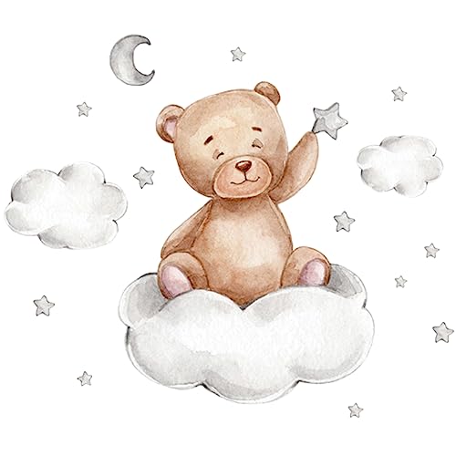 Wandtattoo Kinderzimmer 45x30cm Selbstklebend Wandaufkleber mit Teddybär Sterne Wolken Mond Jungen Mädchen Universell Wandsticker Kinderzimmer für Wohnzimmer Schlafzimmer (Wolken) von Fyeme