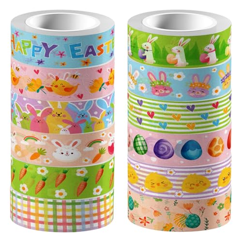 Fyfjur 12 Rollen Washi Tape Ostern, Ostern Washi Tape Set Selbstklebendes, Hasen Karotten Osterei Washi Tape Kinder, Deko Klebeband für DIY Handwerk, Verpackung Ostern, Scrapbooking, Geschenk(15MMx5M) von Fyfjur