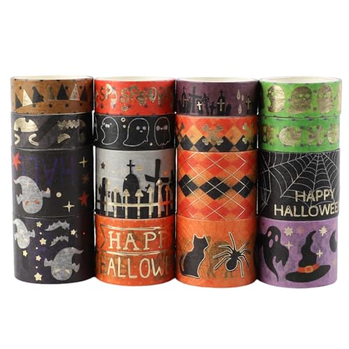 Fyfjur 16 Rollen Washi Tape Halloween, Washi Tape Set Selbstklebendes, Klebeband Bunt für DIY Halloween Handwerk, Scrapbooking, Geschenkverpackung (15MM, 30MM) von Fyfjur