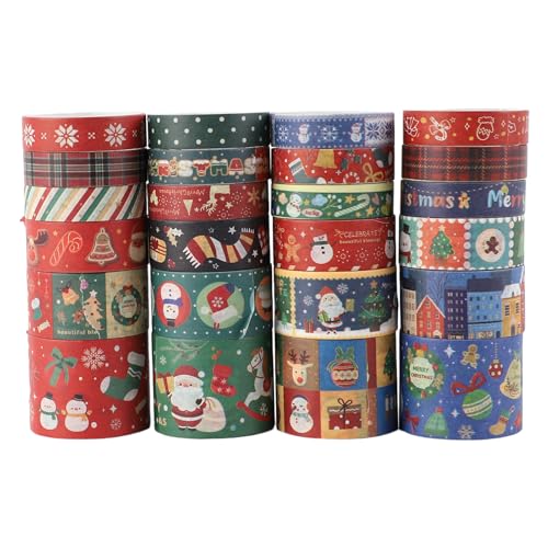 Fyfjur 24 Rollen Washi Tape Weihnachten, Washi Tape Set Selbstklebendes, Klebeband Bunt für DIY Weihnachten Handwerk, Scrapbooking, Geschenkverpackung (10mm/15mm/20mm/30mm) von Fyfjur