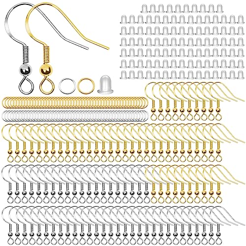 Fyfjur 300 Stück Ohrring Haken, 925 Ohrringe Selber Machen Set Hypoallergene, Ohrringe Selber Machen mit Durchsichtigen Gummi Ohrstopper und Spule, Ohrhänger Ohrhaken Schmuckherstellung（Silber, Gold） von Fyfjur