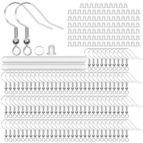 Fyfjur 300 Stück Ohrringe Selber Machen, 925 Silber Ohrringe Selber Machen Set Hypoallergene,Ohrring Haken mit Durchsichtigen Gummi Ohrstopper und Spule, Ohrringe Diy, Ohrhänger Ohrhaken von Fyfjur