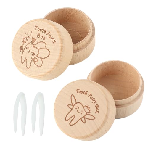 Fyfjur Zahndose Milchzähne Mädchen, 2 Stück Holz Milchzahndose Mit Pinzette, Zahndose Milchzähne Jungen, Milchzahndose Mädchen, Zahnfee Geschenke Mädchen, Zahnbox für Milchzähne Junge Mädchen von Fyfjur