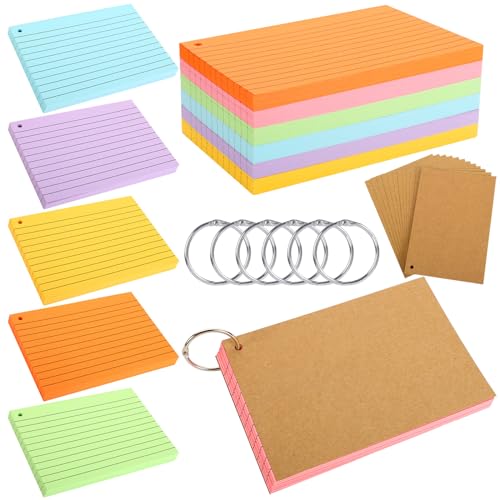 300 Stück Karteikarten A6, 150g/m² Karteikarten Liniert Vokabelkarten Flashcards Bunt mit 6 Binderinge 12 Kraftpapierkarten für Unterwegs Schule Büro Zuhause (6 Farben) von Fyguard