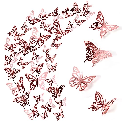 48 Stück 3D Schmetterlinge Deko, Schmetterling Wandaufkleber Butterfly Aufkleber Rosa Deko Schmetterlinge für Wohnzimmer Kinderzimmer Weihnachten Hochzeit Party Wanddeko Tischdeko (Roségold) von Fyguard