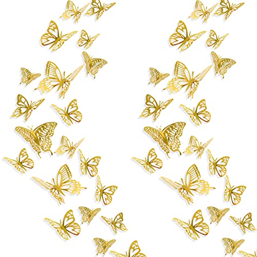 48 Stück Schmetterlinge Deko, 3D Schmetterling Aufkleber Butterfly Wanddeko Tortendeko für Wohnzimmer Kinderzimmer Hochzeit Party(Gold) von Fyguard