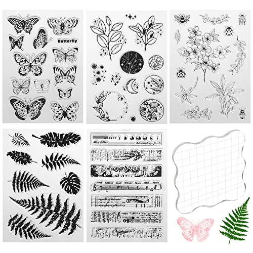 5 Blätter Silikonstempel, 5 Muster Transparente Stempel Blumen Farn Schmetterling Pflanzen Sprüche mit Acrylblock für DIY Journal Scrapbooking Fotoalbum von Fyguard