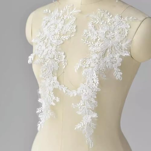 1 Paar Stickerei-Pailletten, weiße Spitzenapplikation, Nähblumenstoff für Hochzeitskleid, Kleid, Braut, Basteln, 37 x 21 cm von Fyrcomft