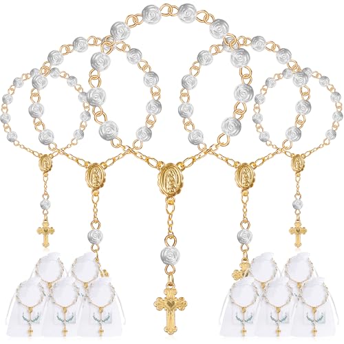 Fyshird 15 Stück Rosenkranz Katholisch mit Kreuz Anhänger Armband Glücksbringer Gastgeschenke für Taufe Kommunion Konfirmation Hochzeit Auto Party (Gold) von Fyshird