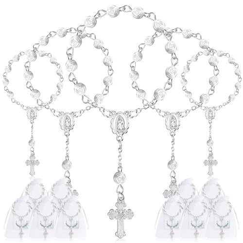 Fyshird 15 Stück Rosenkranz Katholisch mit Kreuz Anhänger Armband Glücksbringer Gastgeschenke für Taufe Kommunion Konfirmation Hochzeit Auto Party (Silber) von Fyshird