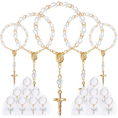 Fyshird 15 Stück Rosenkranz Katholisch mit Kreuz Anhänger Geschenkanhänger Organzabeutel Glücksbringer Armband Gastgeschenke für Taufe Kommunion Konfirmation Hochzeit Auto Party (Gold) von Fyshird