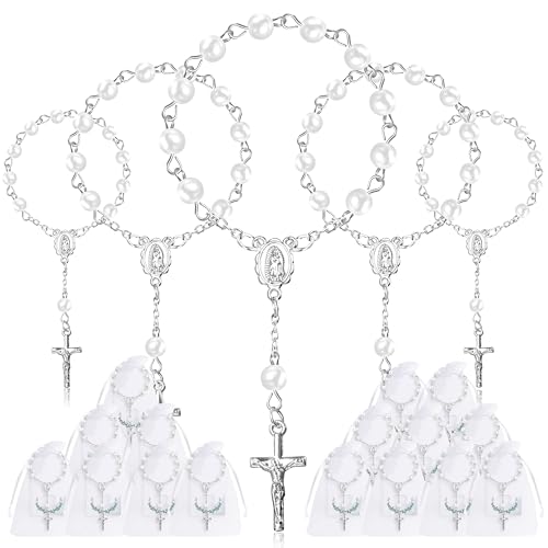 Fyshird 15 Stück Rosenkranz Katholisch mit Kreuz Anhänger Geschenkanhänger Organzabeutel Glücksbringer Armband Gastgeschenke für Taufe Kommunion Konfirmation Hochzeit Auto Party (Silber) von Fyshird
