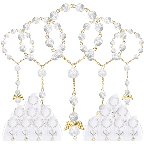 Fyshird 15 Stück Rosenkranz Katholisch mit Schutzengel Anhänger Armband Gastgeschenke für Taufe Kommunion Konfirmation Hochzeit Auto Party (Gold) von Fyshird