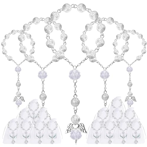 Fyshird 15 Stück Rosenkranz Katholisch mit Schutzengel Anhänger Geschenkanhänger Organzabeutel Glücksbringer Armband Gastgeschenke für Taufe Kommunion Konfirmation Hochzeit Auto Party (Silber) von Fyshird