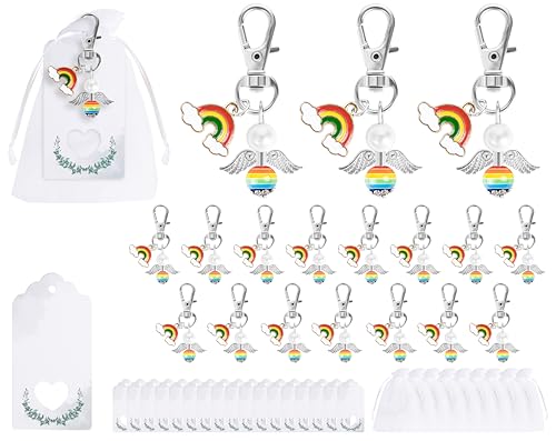 Fyshird 15 Stück Schutzengel Schlüsselanhänger Set mit Regenbogen Anhänger Geschenkanhänger Organzabeutel Gastgeschenke für Kindergeburtstag Taufe Hochzeit Einschulung LGBTQ Accessoires von Fyshird