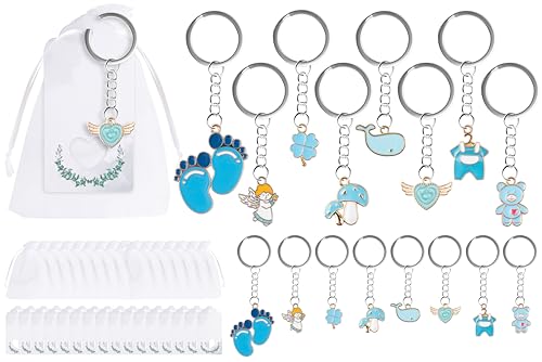 Fyshird 16 Stück Schutzengel Schlüsselanhänger mit Baby Anhänger Blau Geschenkanhänger Organzabeutel Glücksbringer Gastgeschenke für Taufe Baby Shower Baby Reveval Kinder Geburtstag Party von Fyshird