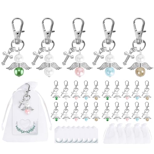 Fyshird 20 Stück Schutzengel Schlüsselanhänger mit Kreuz Anhänger Glücksbringer Gastgeschenke für Taufe Kommunion Konfirmation Katholisch Hochzeit Abschied Dankeschön Geburtstag Deko von Fyshird