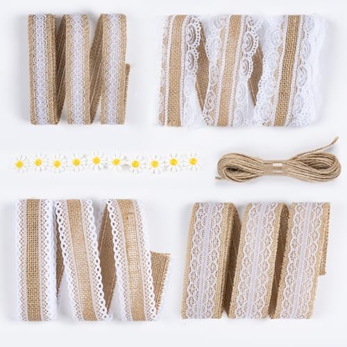 Fyshird 4 Rollen Juteband mit Spitze Geschenkband Natur Spitzenband Weiß Dekoband Vintage Jutebänder mit 10 Stück Sonnenblumen & 10m Hanfseil für DIY Handwerk Tischdeko Hochzeit Party Heimdekoration Fyshird 4 Rollen Juteband mit Spitze Geschenkband Natur Spitzenband Weiß Dekoband Vintage Jutebänder mit 10 Stück Sonnenblumen & 10m Hanfseil für DIY Handwerk Tischdeko Hochzeit Party Heimdekoration von Fyshird