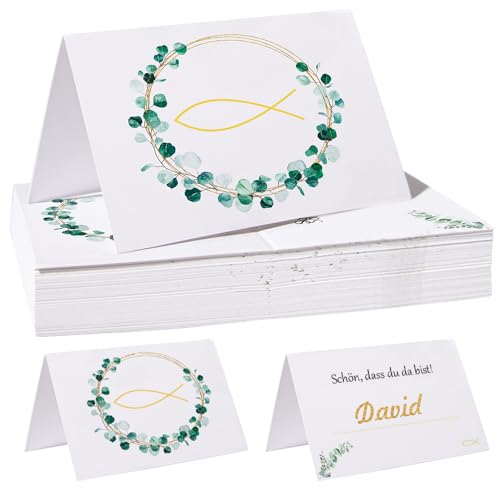 Fyshird 50 Stück Tischkarten Taufe Schön, Dass Du Da Bist! mit Eukalyptus Fisch Grün - Platzkarten Namenskarten zum Beschriften Tischdeko für Hochzeit Konfirmation Kommunion - 11 * 8.5cm von Fyshird