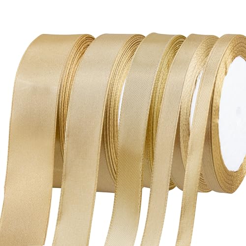 Fyshird Satinband Gold 25/20/15/10/6mm Geschenkband Breit Gold Schleifenband Hochzeit Polyester Bänder zum Basteln Dekoband für Luftballons Geburtstag DIY Geschenkverpackung Weihnachten (22m/Rolle) von Fyshird