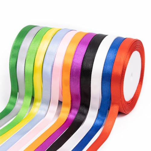 Fyshird Satinband 12 Farben Geschenkband 10mm x 22m Schleifenband Bunt Polyester Bänder zum Basteln Dekoband für Luftballons Hochzeit Deko Geschenkverpackung Geburtstag DIY(Bunt) von Fyshird
