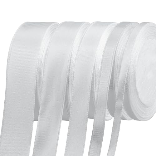 Fyshird Satinband Weiß 25/20/15/10/6mm Geschenkband Breit Schleifenband Hochzeit Polyester Bänder zum Basteln Dekoband für Luftballons Geburtstag DIY Geschenkverpackung Weihnachten (22m/Rolle) von Fyshird