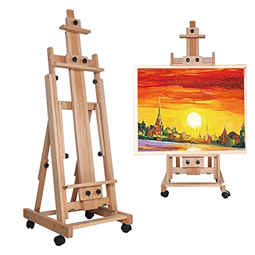 Fyssnn Buchenholz Staffelei Groß H-Rahmen 143-232cm Höhenverstellbar, mit 4 Bremsen Rädern, Künstlerstaffelei für Studio/Atelier/Erwachsene/Kinder von Fyssnn