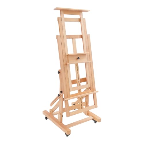 Professionelle Holz Staffelei Groß (140-300 cm Höhenverstellung) mit 4 Lenkrollen, Stabile H-Ständer Design für bis 10kg - Universal Staffelei Holz für Künstler, Kinder, Atelier (Holzfarbe) von Fyssnn