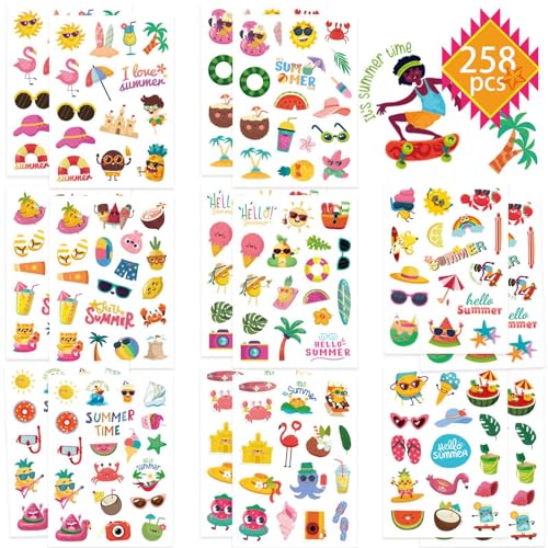 Fyvadio Sommer Aufkleber für Kinder, Strand, Ozean, Tauchen, Hawaii, Wassermelone Eis, Urlaub - 262 PCS, Multi, Glänzend, Tropisch, Einmalgebrauch, Kinder und Familien, Sommer von Fyvadio