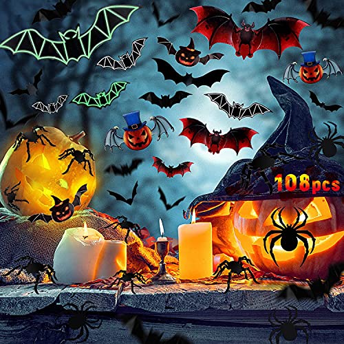 Fyvadio Halloween Fledermaus Spinnen Wandaufkleber, 108 Pcs Halloween Deko Set 3D Fledermäuse, Kürbis Fledermäuse, Leuchtende Fledermäuse, PVC Spinnen Sticker für DIY Halloween Party Dekoration von Fyvadio