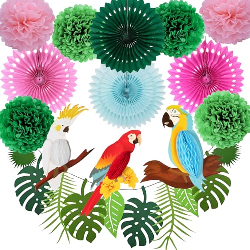Fzyisw 23 Stück Dschungel Deko Geburtstag Hawaii Party Gartenparty Deko Papagei Deko Vogel Sommer Deko Blätter Girlande Pompons Deko und Papierfächer für Dschungel Deko, Sommerdeko, Hawaii Deko von Fzyisw