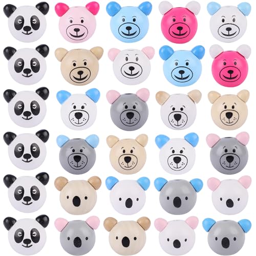 Fzyisw 30 Stück Holzperlen mit Gesicht, 22mm Koala Bär Panda Bärenkopf Holzperlen, Niedliche Tier Holzperlen, Holzperlen für DIY-Halsketten-Armband-Kunstprojekte(Zufällige Farbe) von Fzyisw