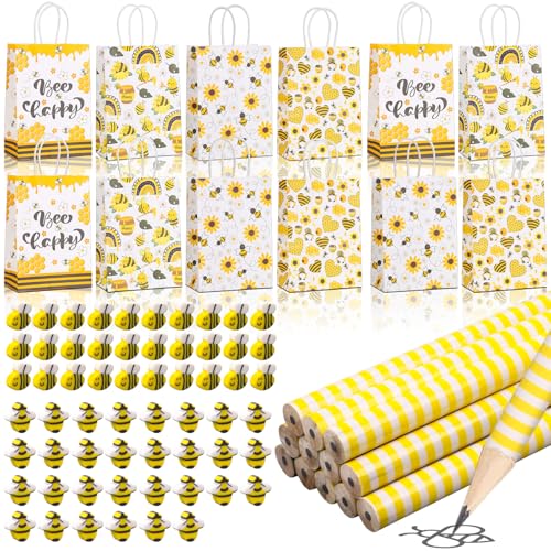 Fzyisw 84 Stück Mitgebsel Tüten Kindergeburtstag Set, 12 Bienen Geschenktüten 60 Biene Radiergummis und 12 Bleistifte, Mitbringsel Kindergeburtstag Gastgeschenke, Schreibwaren Gastgeschenke von Fzyisw