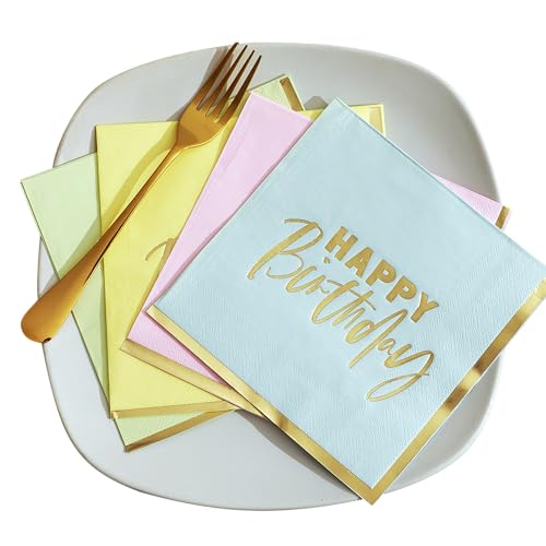 Set mit 16 pastellfarbenen 3-lagigen Papierservietten mit "Happy Birthday" und goldenen Rändern von G Decor